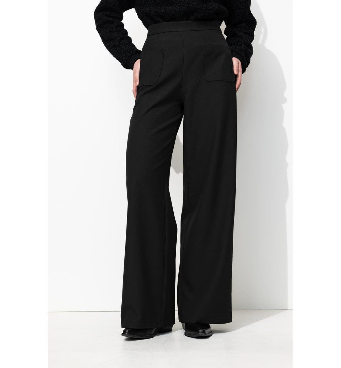 Pantalon Large Taille Haute - Noir Uni Fonce