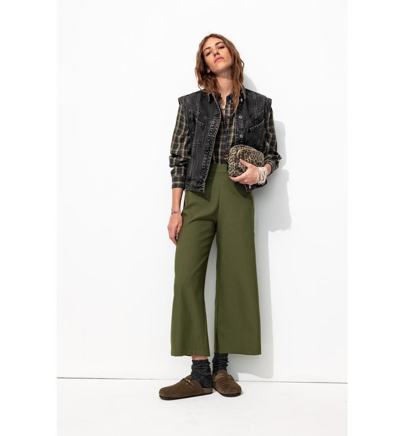 Pantalon Large Cropped - Kaki Uni Fonce