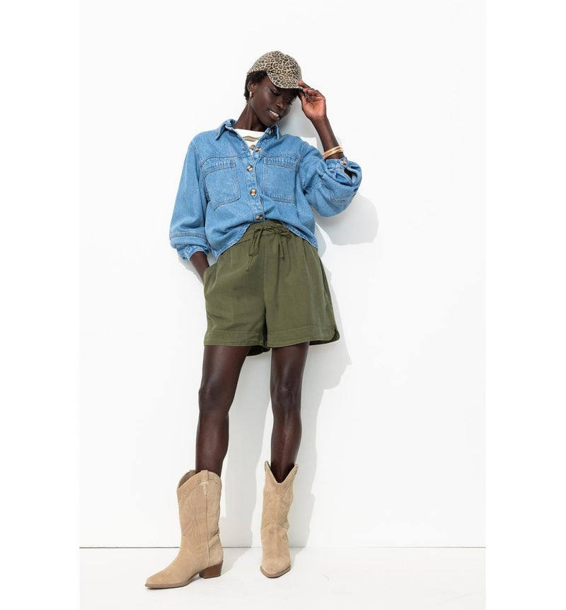 Short en Lyocell Femme - Kaki Uni Fonce