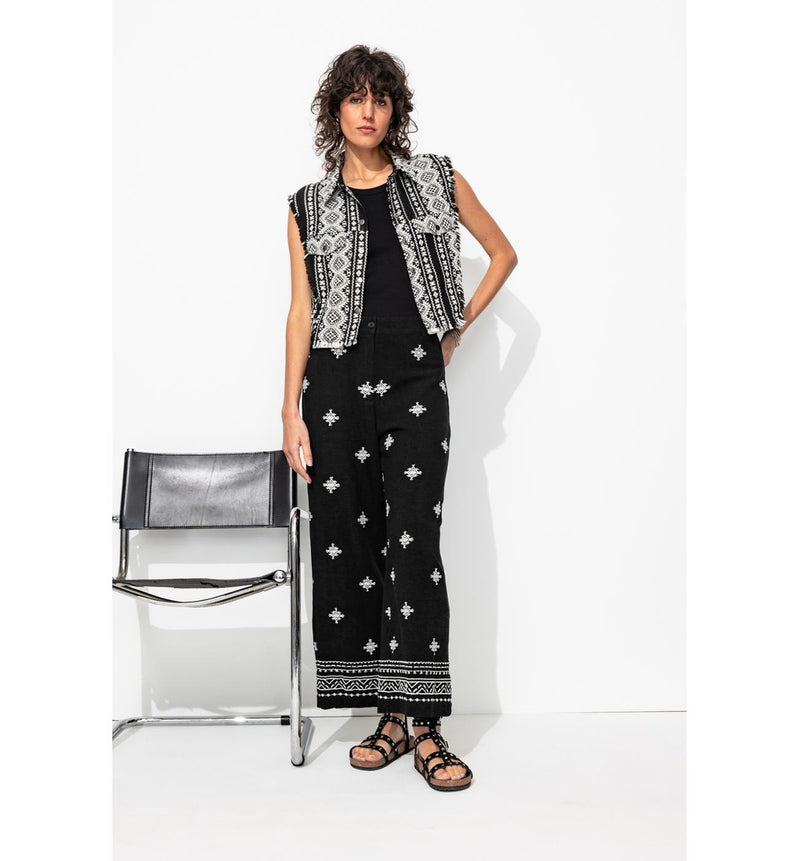 Pantalon Large Brodé Femme - Noir Uni Fonce