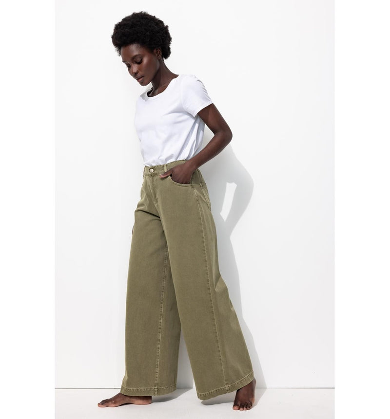 Pantalon Large Taille Haute - Kaki Uni Fonce