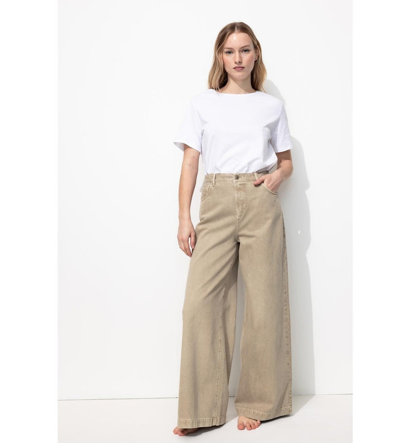 Pantalon Large Taille Haute - Naturel Uni Clair