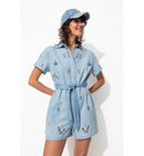 Combishort en Jean Brodé Femme - Jeans Uni Clair