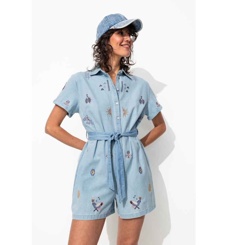 Combishort en Jean Brodé Femme - Jeans Uni Clair