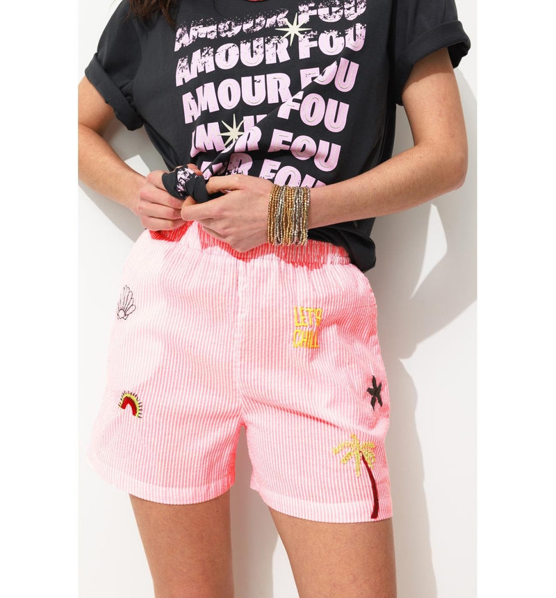 Short Rayé Brodé Femme - Rose Raye