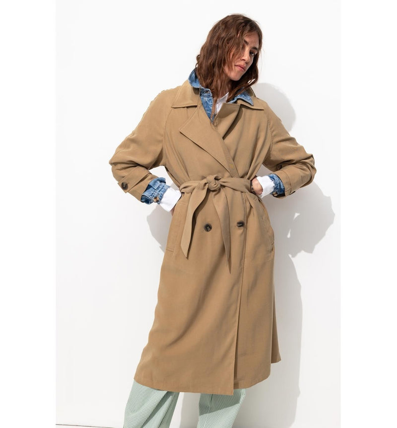 Trench Long Ceinturé Femme - Grège Uni Clair