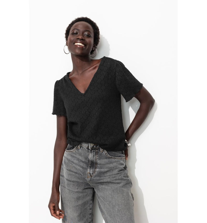 T-shirt Effet Dentelle Femme - Noir Uni Fonce