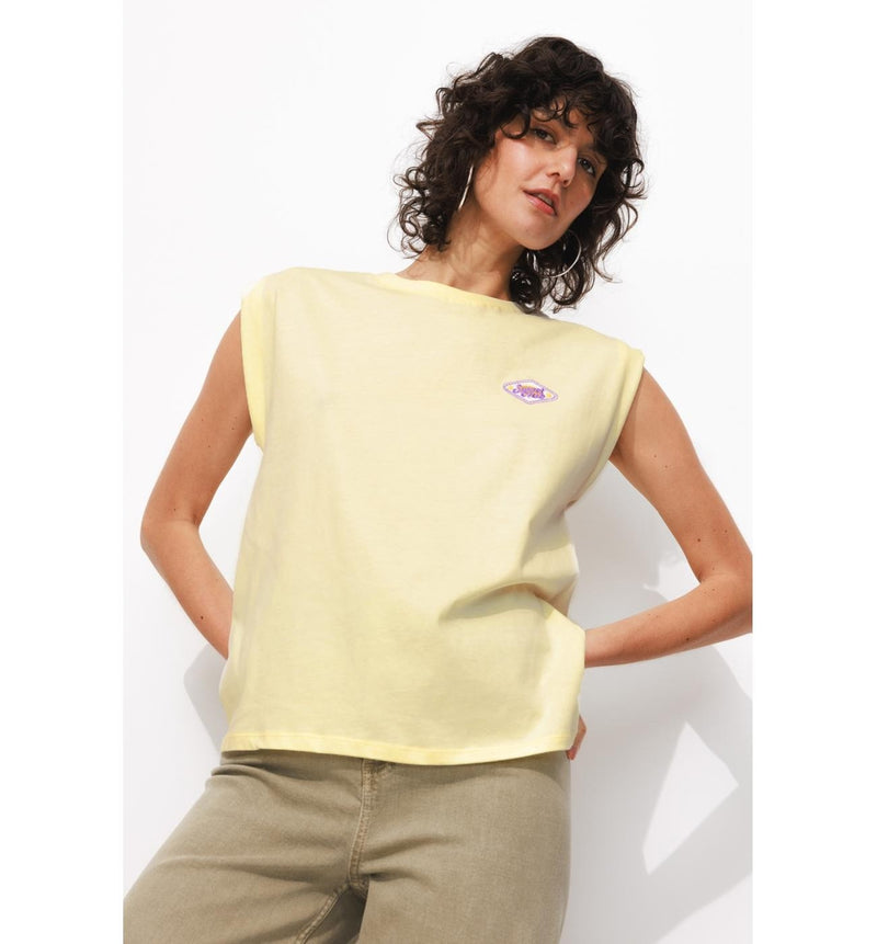 T-shirt à Écusson Femme - Jaune Uni Colore