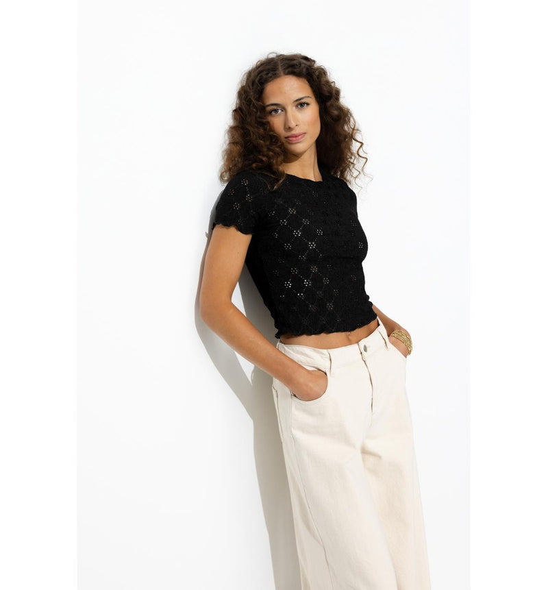 Top Court Ajouré Brodé Femme - Noir Uni Fonce