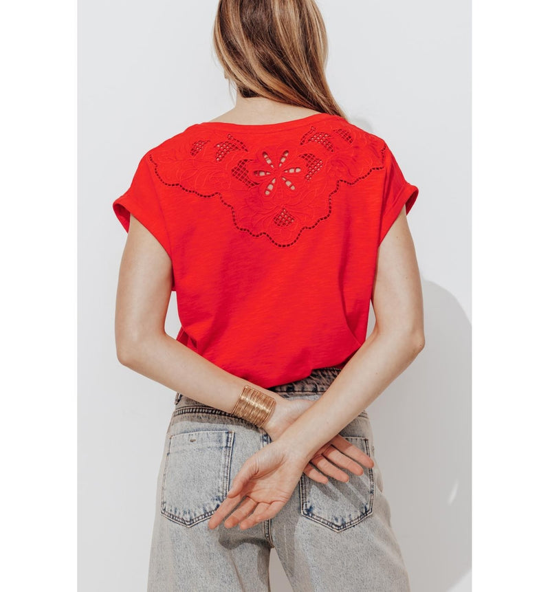 T-shirt Détail Brodé Dos - Rouge Uni Colore