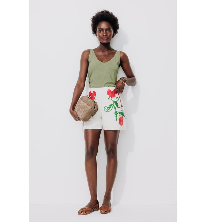 Débardeur Col V en Coton Femme - Kaki Uni Clair