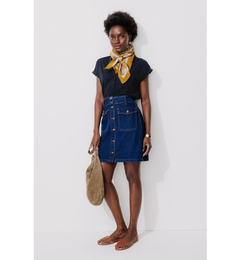 T-shirt Col Tunisien Femme - Bleu Uni Fonce