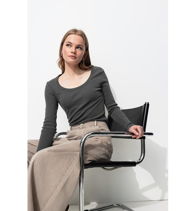 T-shirt en Jersey Côtelé Femme - Gris Uni Fonce