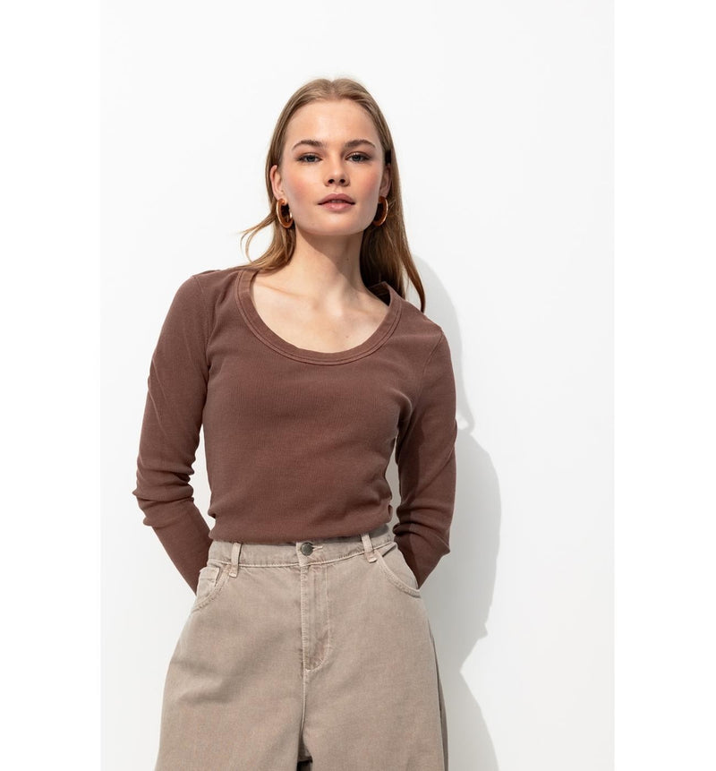 T-shirt en Jersey Côtelé Femme - Rose Uni Colore
