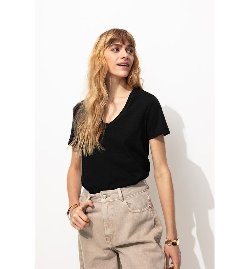 T-shirt Col V Femme - Noir Uni Fonce