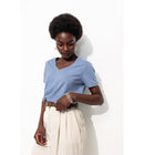 T-shirt Col V Femme - Bleu Uni Colore