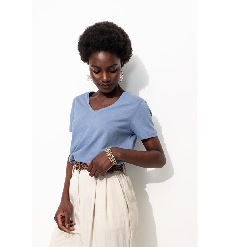 T-shirt Col V Femme - Bleu Uni Colore
