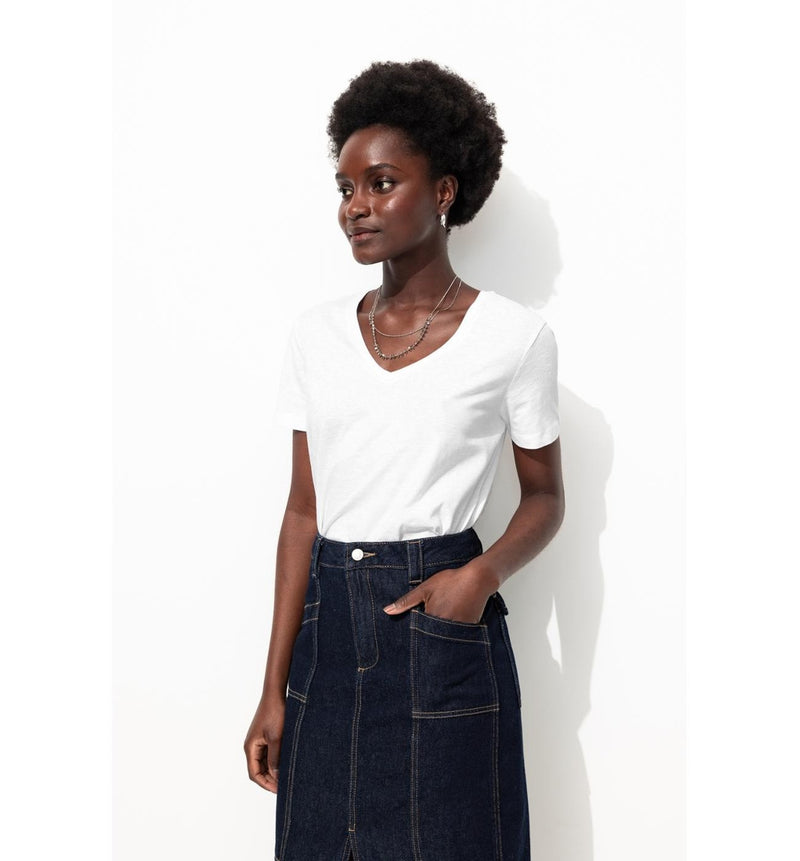 T-shirt Col V Femme - Blanc Uni Clair