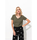 T-shirt Col V Femme - Kaki Uni Fonce