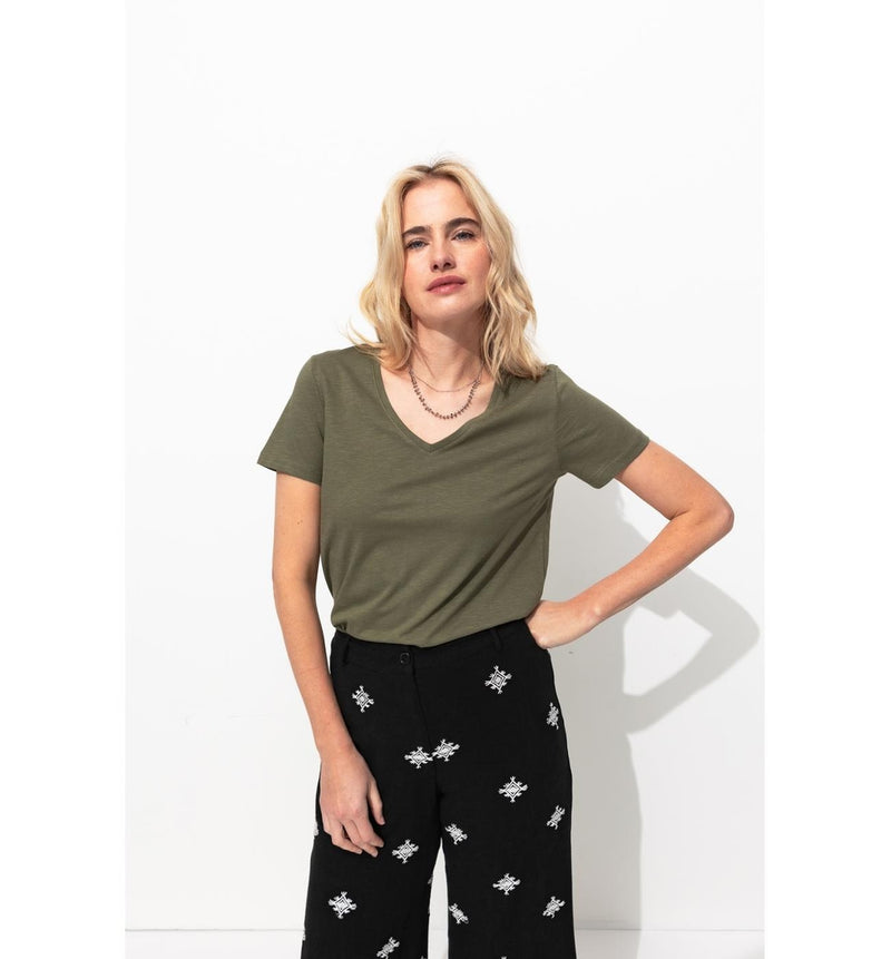 T-shirt Col V Femme - Kaki Uni Fonce
