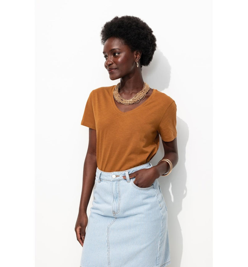 T-shirt Col V Femme - Grège Uni Fonce
