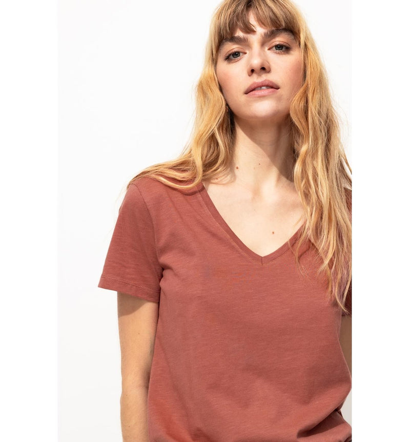 T-shirt Col V Femme - Rose Uni Colore