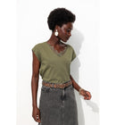 T-shirt Détail Dentelle Femme - Kaki Uni Fonce