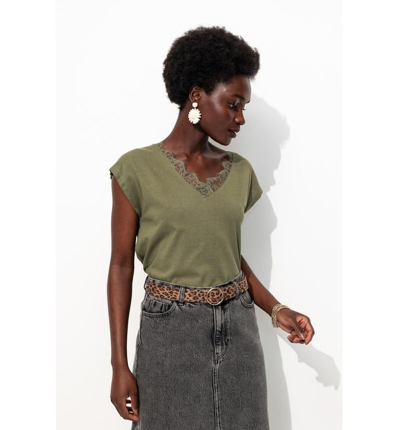 T-shirt Détail Dentelle Femme - Kaki Uni Fonce
