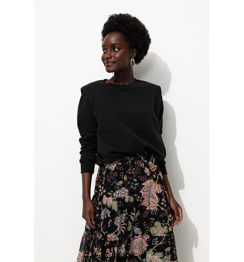 Sweat-shirt Épaulé Femme - Noir Uni Fonce