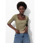 T-shirt Col Carré Femme - Kaki Uni Fonce