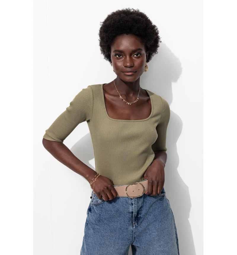 T-shirt Col Carré Femme - Kaki Uni Fonce