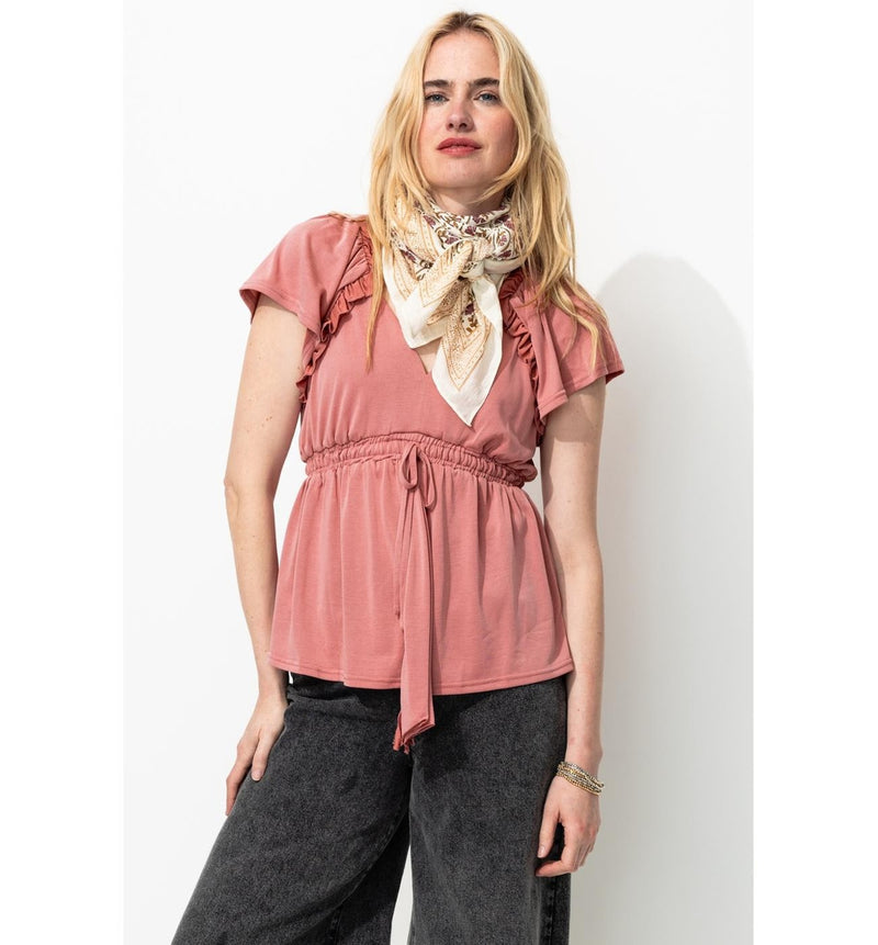 T-shirt à Volants en Jersey - Rose Uni Colore