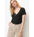 T-shirt Côtelé Col V Femme - Noir Uni Fonce