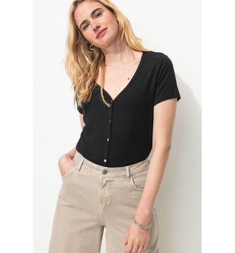 T-shirt Côtelé Col V Femme - Noir Uni Fonce