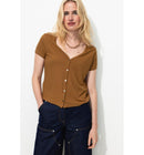 T-shirt Côtelé Col V Femme - Grège Uni Fonce