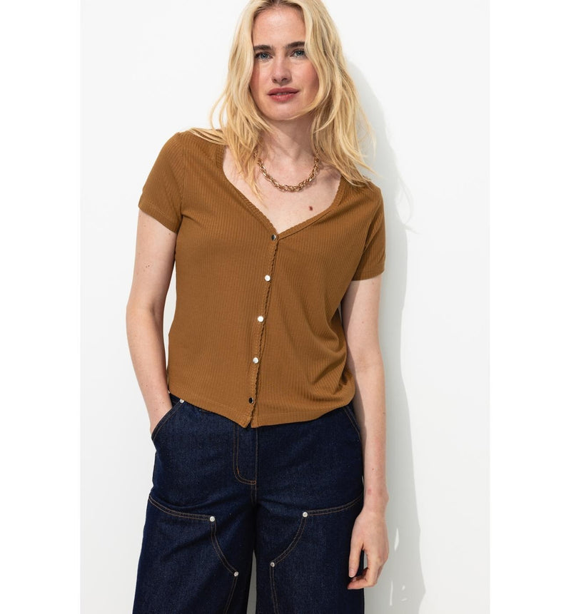 T-shirt Côtelé Col V Femme - Grège Uni Fonce