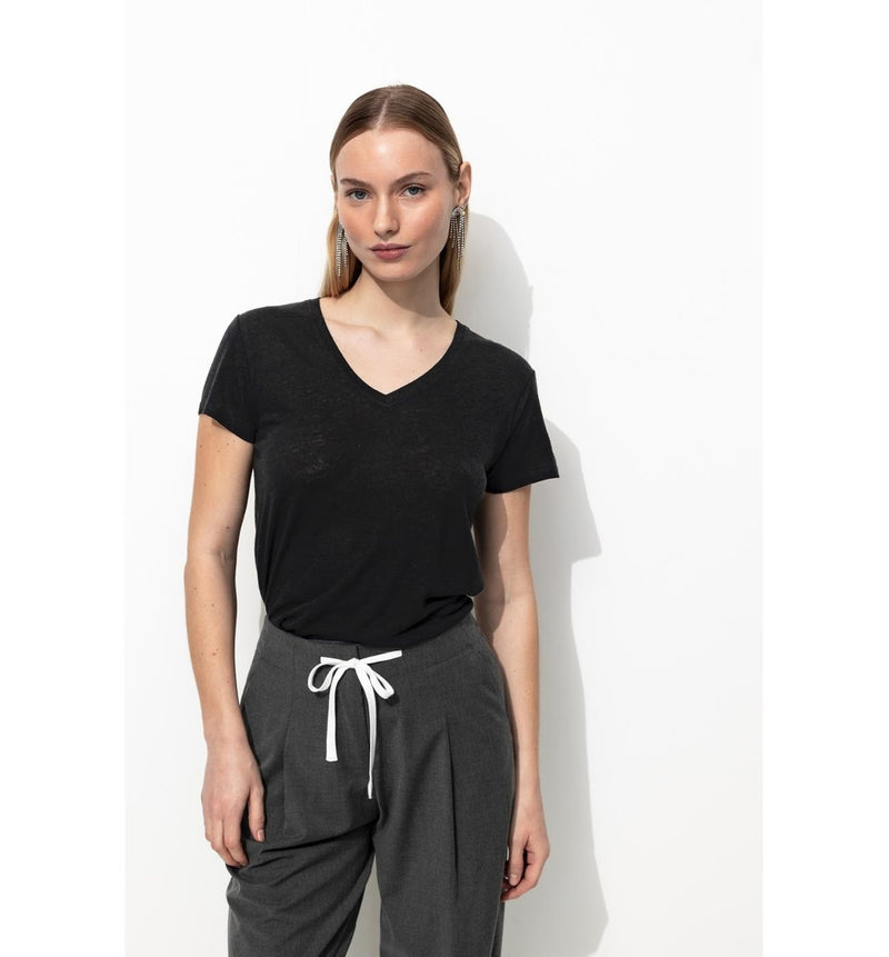 T-shirt en Lin Mélangé Femme - Noir Uni Fonce