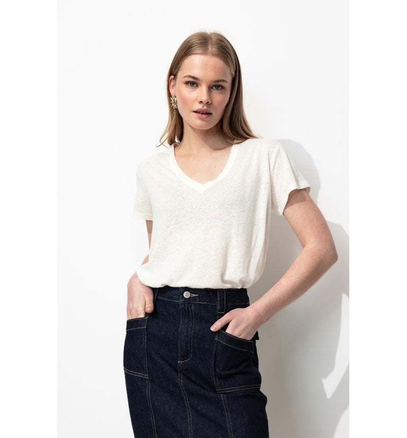 T-shirt en Lin Mélangé Femme - Naturel Uni Clair