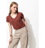 T-shirt en Lin Mélangé Femme - Marron Uni Fonce