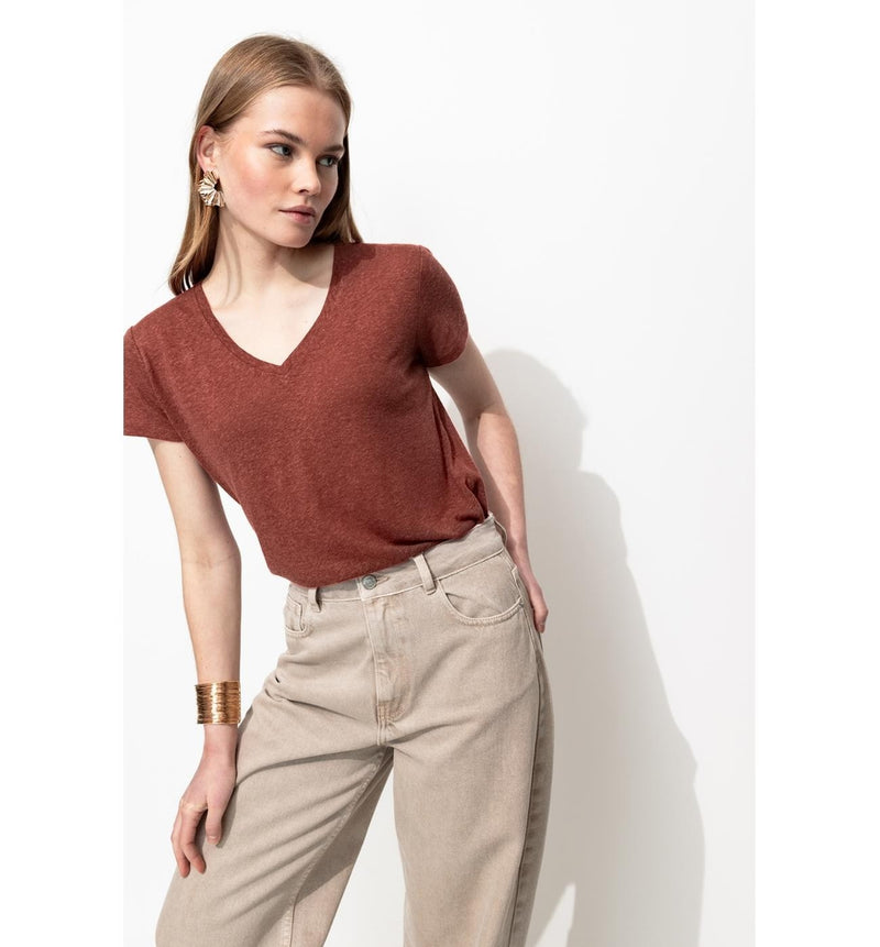 T-shirt en Lin Mélangé Femme - Marron Uni Fonce