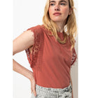 T-shirt Détail Dentelle Femme - Marron Uni Clair