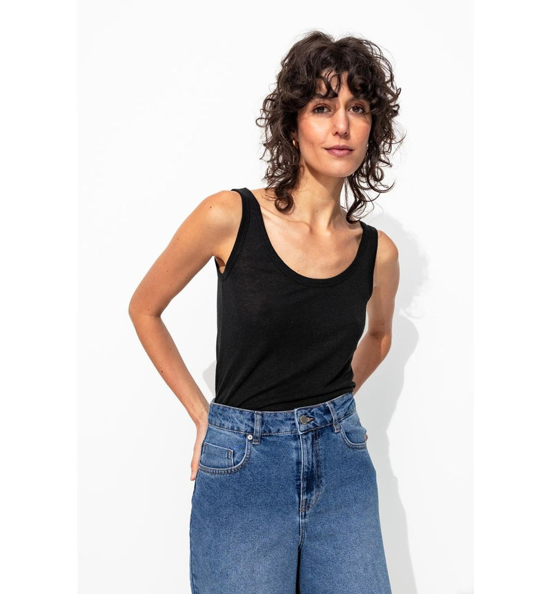Débardeur en Lin Mélangé Femme - Noir Uni Fonce