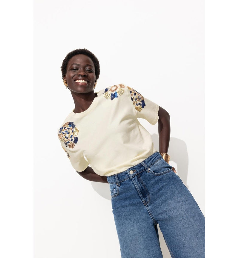 T-shirt à Sequins Brodés - Naturel Uni Clair
