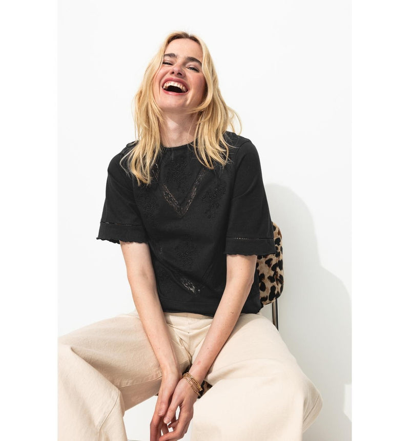 T-shirt Brodé Perlé Femme - Noir Uni Fonce