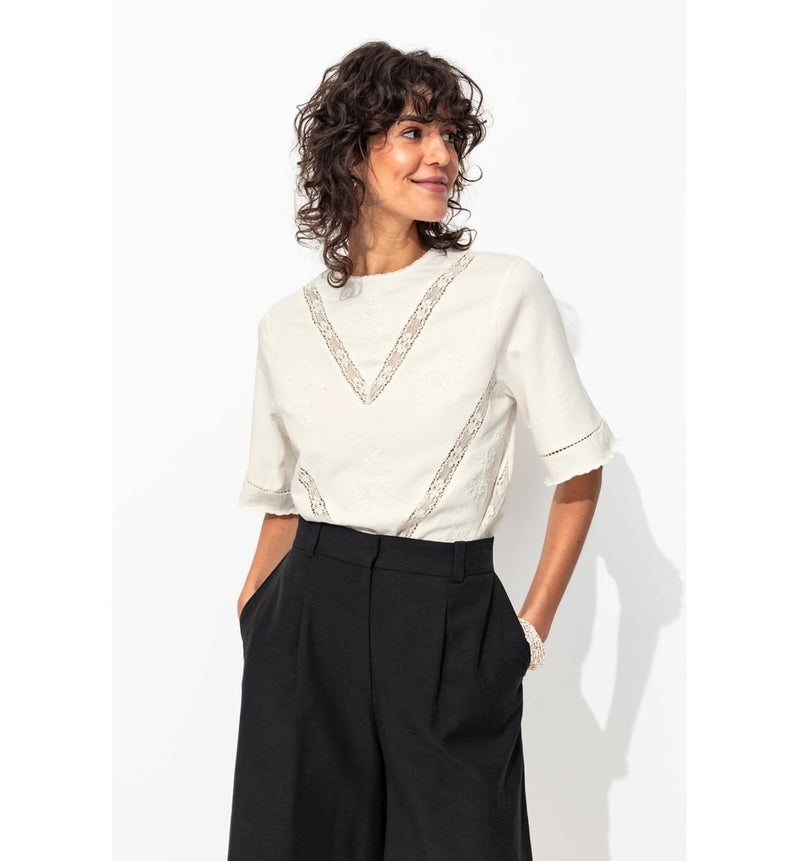 T-shirt Brodé Perlé Femme - Naturel Uni Clair