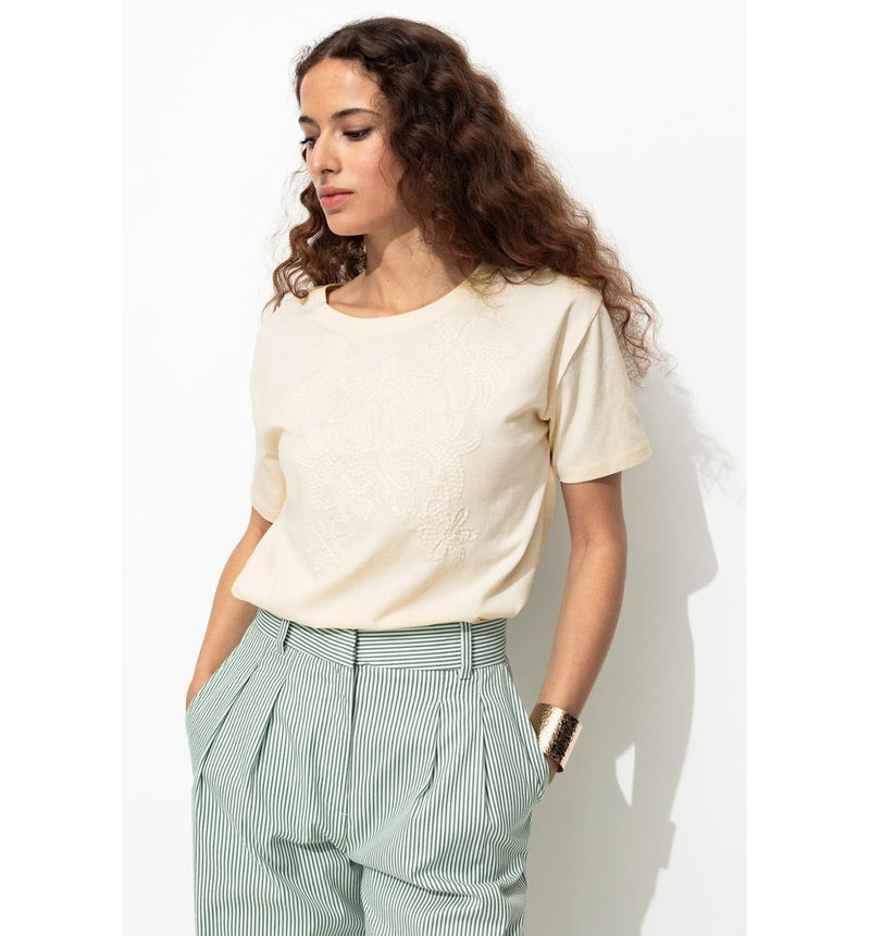 T-shirt Brodé Femme - Naturel Uni Clair