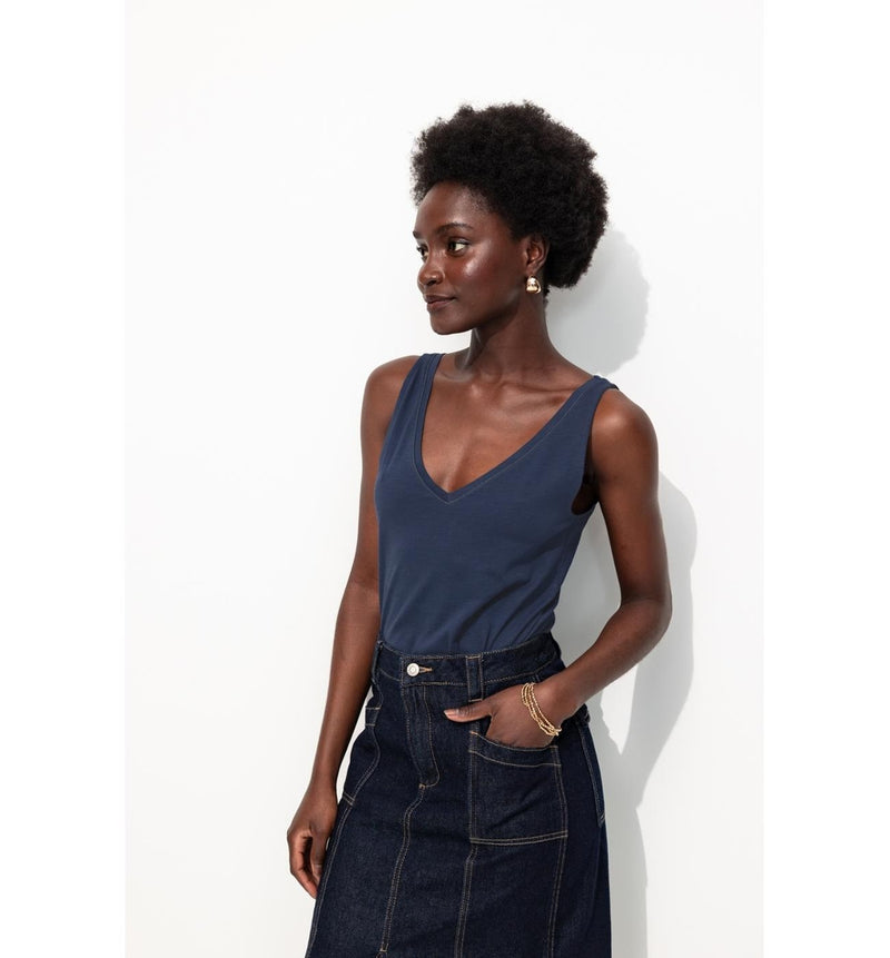 Débardeur Col V en Coton Femme - Bleu Uni Fonce