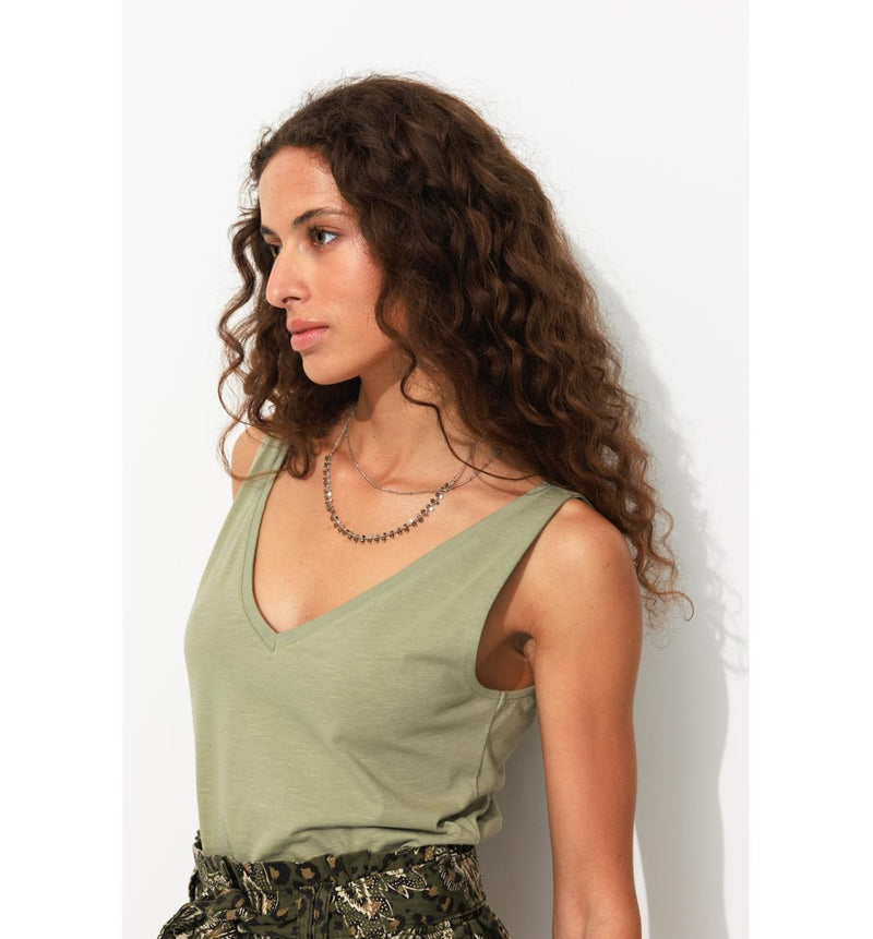 Débardeur Col V en Coton Femme - Kaki Uni Clair