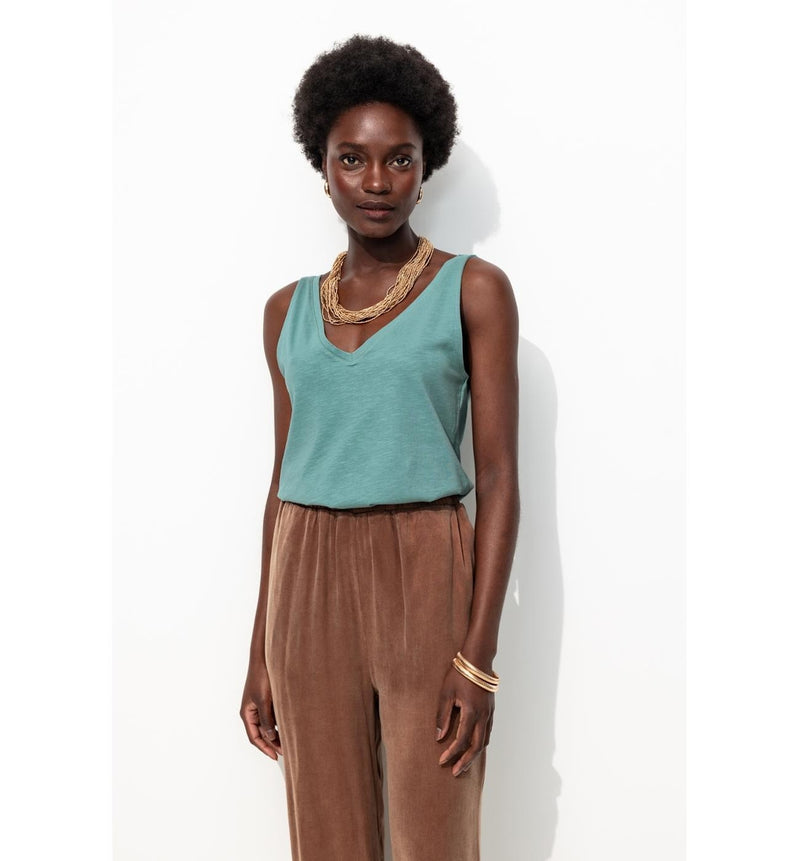 Débardeur Col V en Coton Femme - Vert Uni Colore