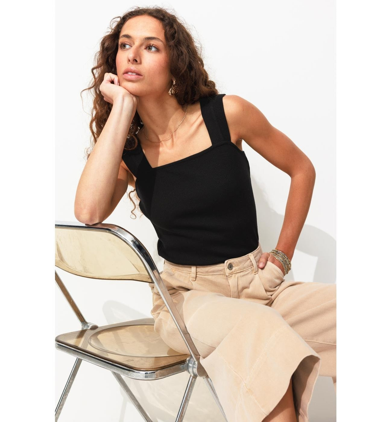Débardeur Côtelé Uni Femme - Noir Uni Fonce